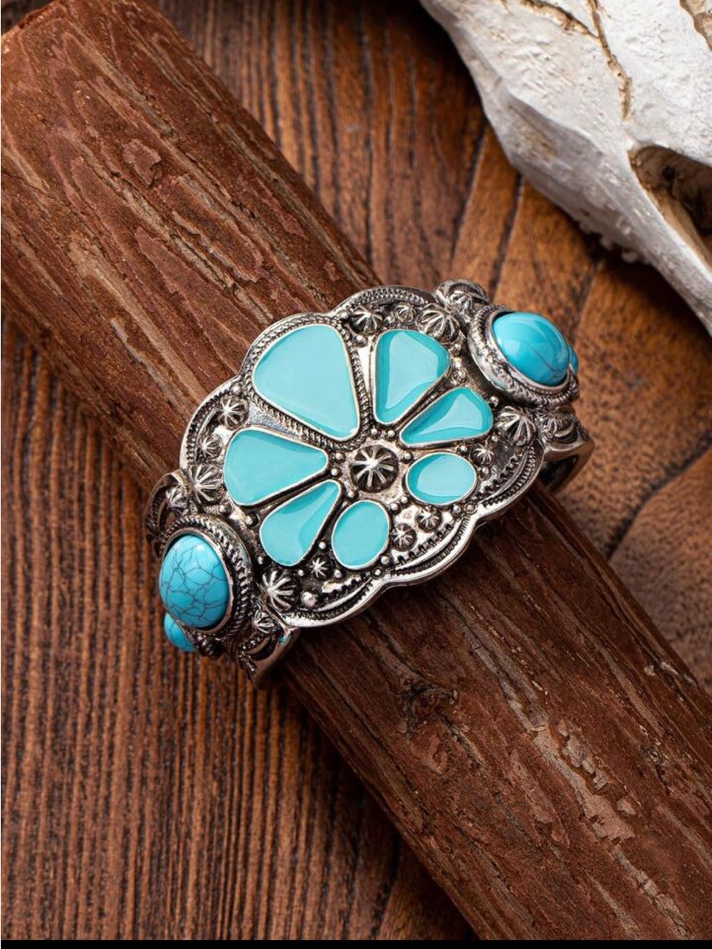 New! Faux Turquoise Floral Stone Silver Cuff Bracelet Western Jewelry